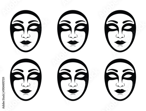 Black-and-white vector design showcasing six stylized masked faces in a grid
