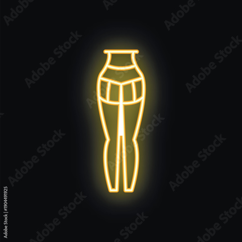 Golden neon sign showing woman legs wearing stockings on black background