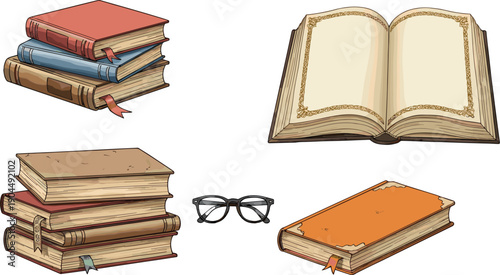 Vintage books illustration set featuring old hardcover volumes, open book, and reading glasses for classic literature and education concepts