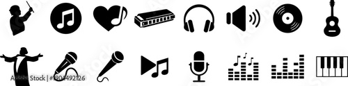 Modern Music Icons Set – Black and White Minimalist Silhouettes (Headphones, Microphone, Vinyl, Guitar, Piano, Equalizer)