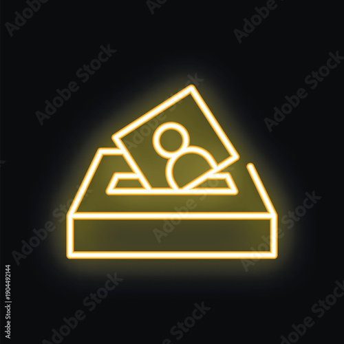Neon sign depicting a ballot being put into a vote box, set against a dark background