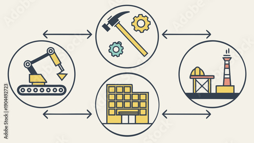 Industrial Process Diagram with Factory, Mining, and Manufacturing Icons