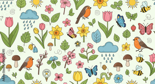 Seamless cartoon vector pattern with spring elements like tulips, daffodils, robin birds, butterflies, bees, sun, and rain clouds on a light green background.