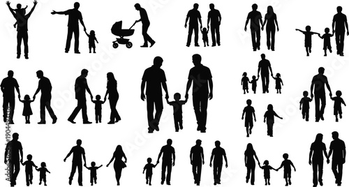 Family silhouettes with parents and children walking playing caring together symbolizing love parenting lifestyle isolated on white background illustration