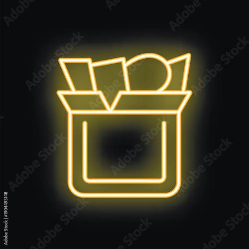 Neon sign of crispy french fries in a paper box glowing on a black background