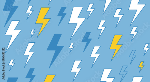 Repeating pattern of stylized white, azure blue, and bright yellow thunderbolt symbols with outlines, randomly distributed across a smooth sky blue background.