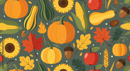 Seamless pattern of vibrant autumn harvest elements including pumpkins, gourds, squash, sunflowers, corn cobs, maple leaves, apples, acorns, and wheat on a dark background.