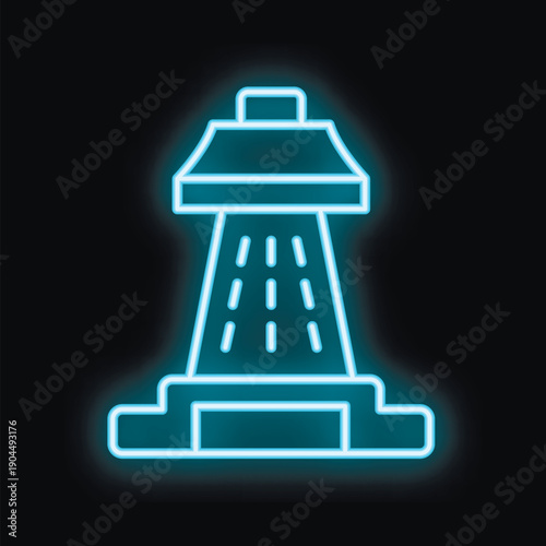 Glowing neon line shower head with water drops flowing icon isolated on black background vector illustration