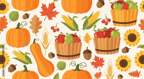 Flat vector seamless pattern depicting Thanksgiving and Autumn harvest items: pumpkins, apples in baskets, corn, sunflowers, wheat, acorns, and colorful fallen leaves.