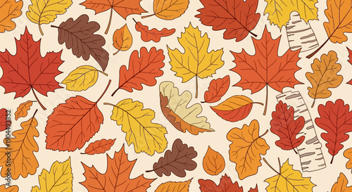 Seamless autumnal vector pattern featuring scattered maple and oak leaves, colorful foliage in orange, yellow, and red hues, plus stylized birch bark pieces on a light cream background.