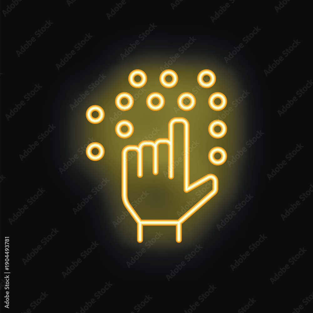Obraz premium Glowing neon icon of a hand touching a virtual interactive panel with the index finger