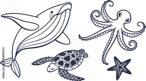Underwater Creatures Illustration  simple line drawing of a dolphin, turtle, octopus, and starfish