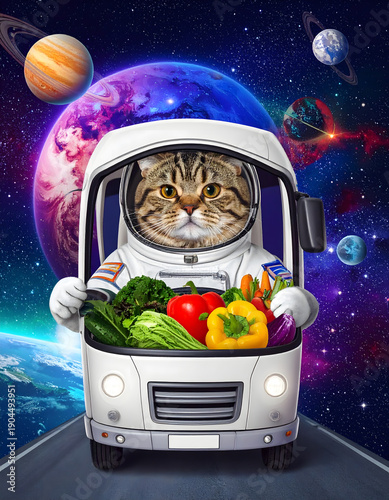 Cat astronaut in a van delivering fresh vegetables across a colorful with planets