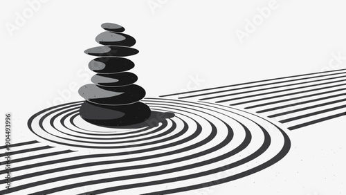 A serene black and white illustration of stacked stones and concentric ripples