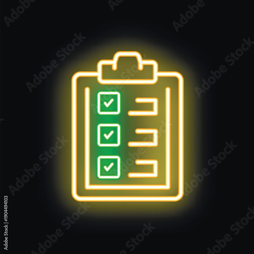 Neon clipboard is glowing on a black background showing check marks for business tasks and ideas