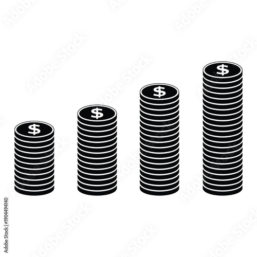 Four stacks of coins increasing in size from left to right. isolated on white background, Vector