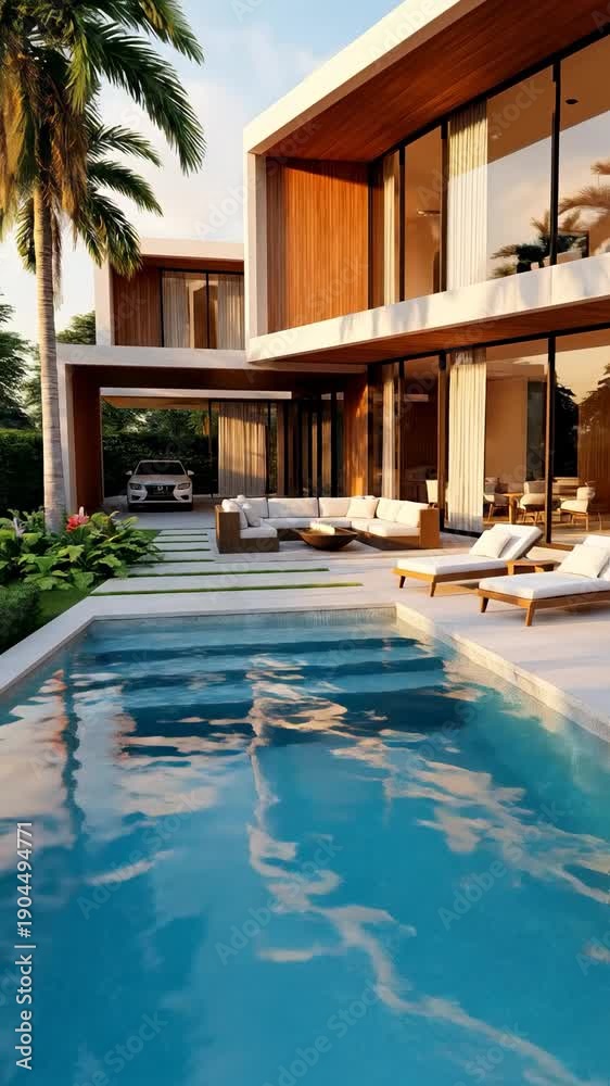 custom made wallpaper toronto digitalModern Luxury Villa With Swimming Pool And Palm Trees At Golden Hour Sunlight