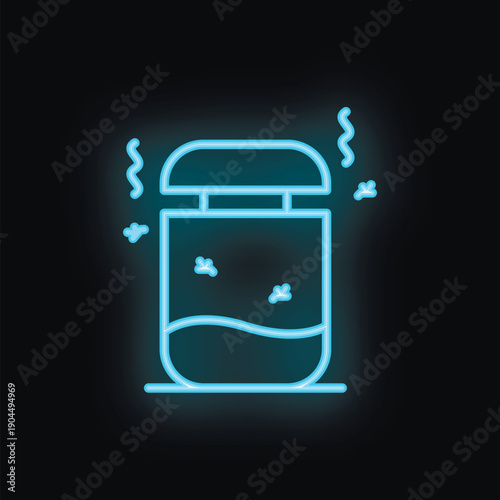 Blue neon icon of a compost bin releasing a bad smell