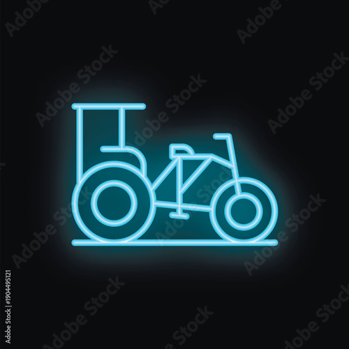 Blue neon sign illustrating a three wheeled bicycle taxi on a black background
