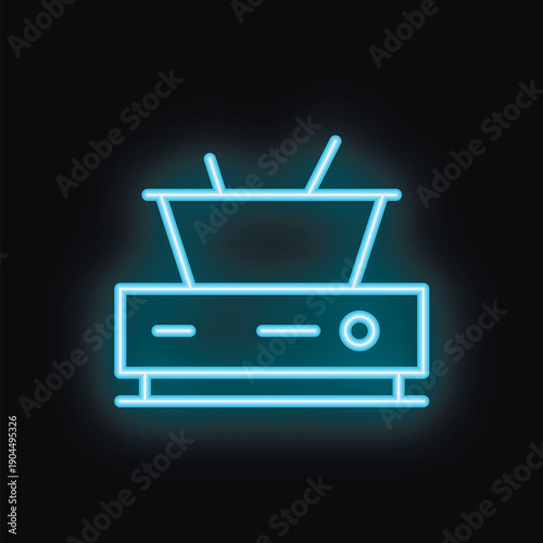 Blue neon icon of fondue pot glowing on dark background