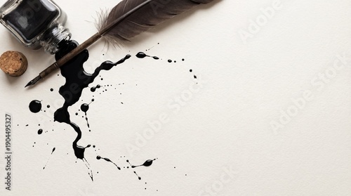 Overhead View of Spilled Ink and Quill Pen with Copy Space