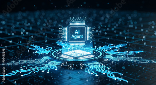Obraz na płótnie ai agent processor driving a futuristic digital network illustrating advanced machine learning and data processing systems.