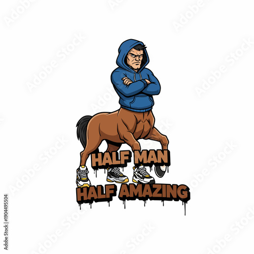 Centaur character with hoodie and sneakers half man half amazing text.