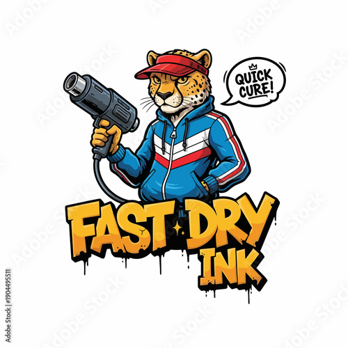 Cheetah Character Holding Heat Gun for Fast Drying Ink.