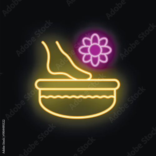 Neon signboard style icon of a woman putting her feet into the bathtub with a flower for spa and wellness