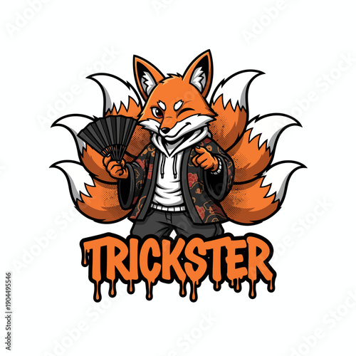 Cool Kitsune Fox Trickster Mascot with Japanese Fan.