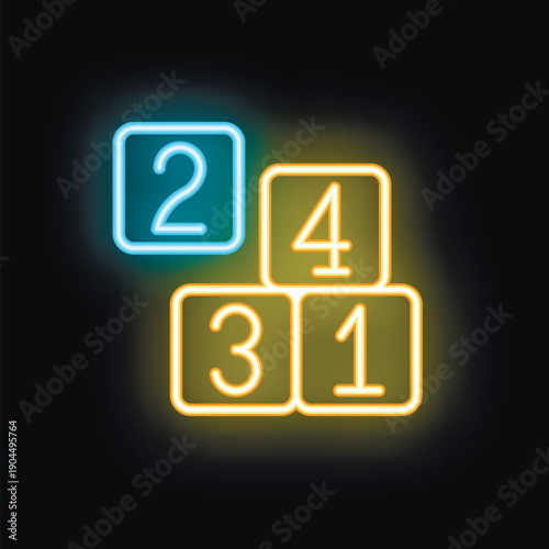 Neon sign depicting numbered cubes, symbolizing early childhood education, learning, and cognitive development