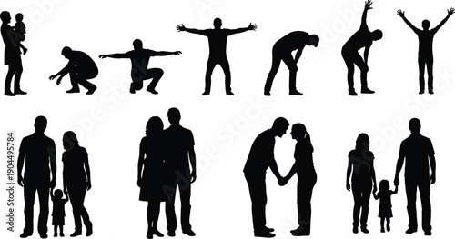 People silhouettes in various poses, fitness exercise actions, family couple relationships, lifestyle activity concept, black vector illustration