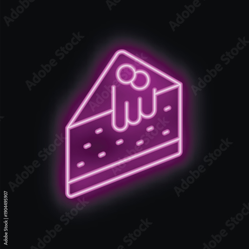 Purple neon sign shaped like a slice of cake with icing and berries, isolated on a black background