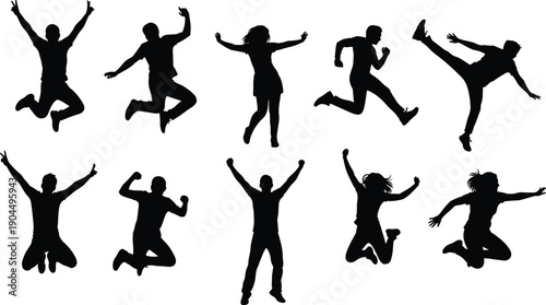 Silhouettes of jumping people expressing joy energy fitness celebration active lifestyle isolated on white background dynamic action illustration studio concept