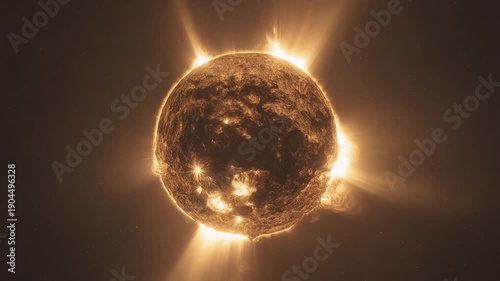 A luminous star or sun with intense solar flares and coronal mass ejections against a dark cosmic background.