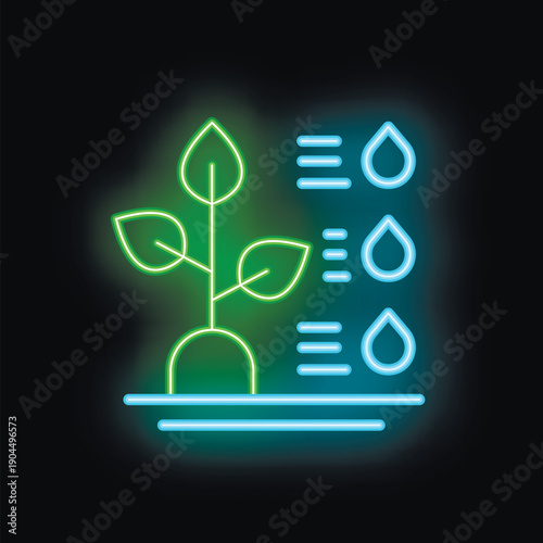Neon icon of a plant growing with water drops showing a smart farming irrigation system