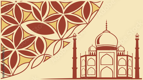 Majestic Red Taj Mahal Silhouette with Floral Pattern Background