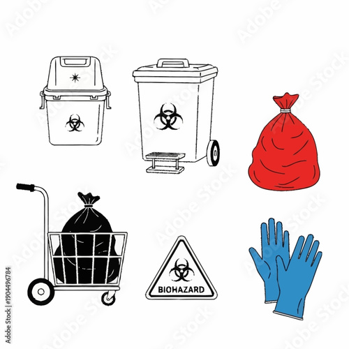 Biohazard waste disposal equipment and safety gear collection.