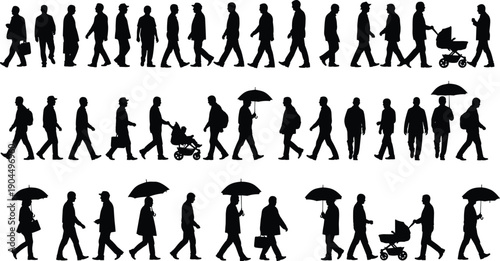 Walking people silhouette set showing men with umbrella stroller and bag everyday urban lifestyle isolated on white background illustration