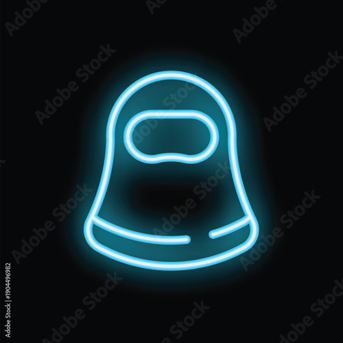 Neon blue niqab icon is glowing on a dark background, symbolizing islam and the muslim faith