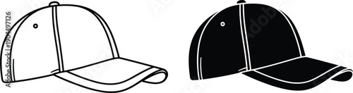 Baseball cap silhouette and outline vector illustration set showing curved brim, stitching, eyelets, fashion, clothing, sports, casual style, and design.