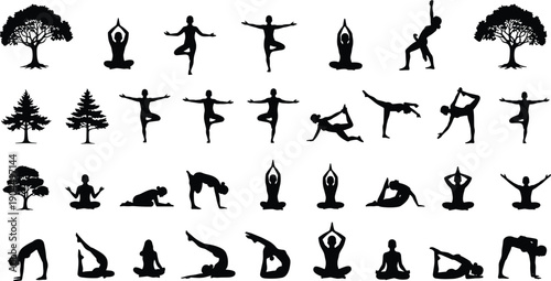 yoga meditation silhouettes, nature tree icons, balance flexibility poses, wellness mindfulness practice, black isolated spiritual fitness figures