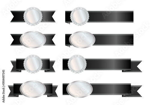 黒いサテンリボンとシルバー風メダルを組み合わせたシックな表彰バッジデザインセット