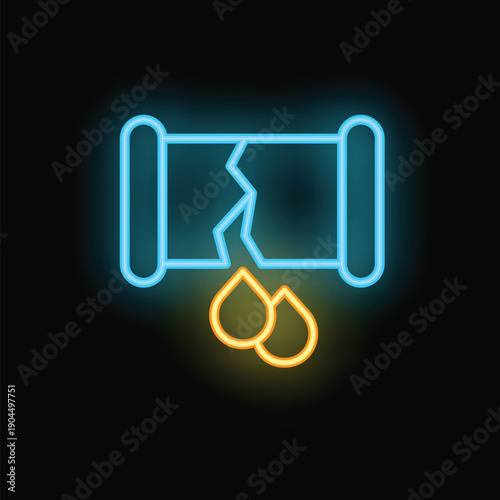 Neon sign representing a broken pipe leaking liquid, evoking concepts of plumbing issues and water damage