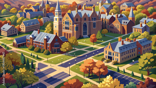 Very beautiful aerial view of Yale Old Campus along a tree-lined street, revealing symmetrical layouts, historic buildings, and the calm rhythm of Ivy League academic life.