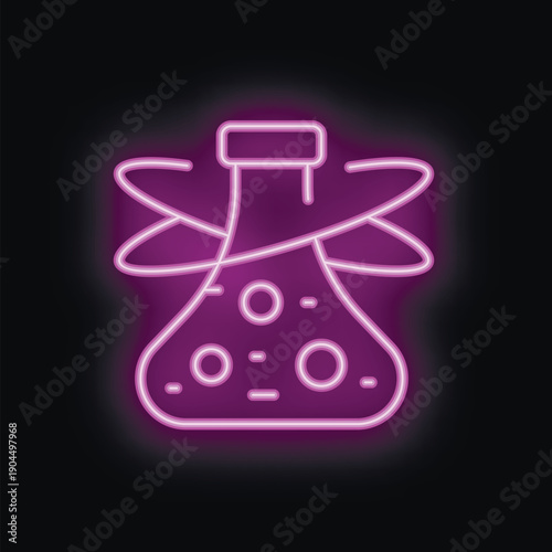 Glowing neon icon of a chemical flask with a bubbling solution and orbiting electrons, representing scientific research and discovery