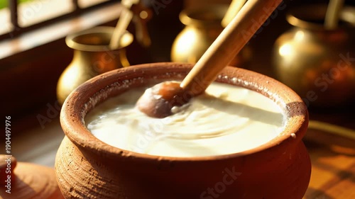 Close Up Of Creamy White Yogurt Being Stirred With A Wooden Spoon In A Traditional Earthen Pot With Soft Natural Light Illuminating The Scene And Brass Pitchers In The Background
