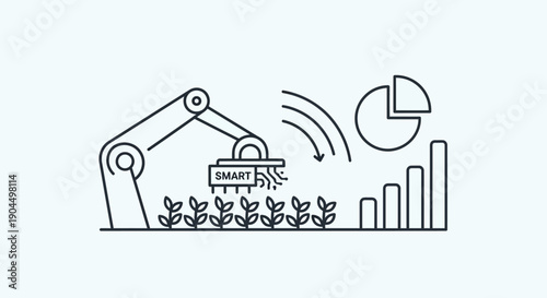 Smart agriculture technology illustration visualizing modern farming analytics, wireless monitoring, and digital crop management systems. The concept represents sustainable innovation where sensors, c