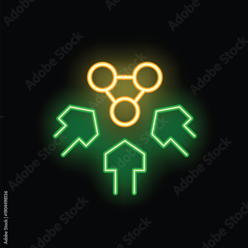 Green and yellow neon sign showing the concept of decentralization with arrows pointing up
