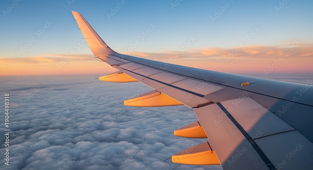 Obraz premium The wing of an airplane soaring through the clouds during a serene sunset